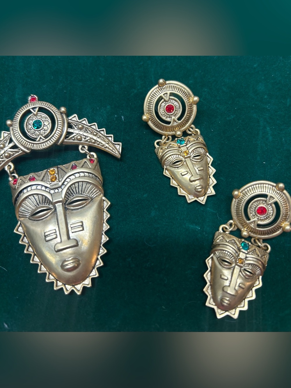 1993 Avon Gold-Tone Tribal Mask Statement Earrings